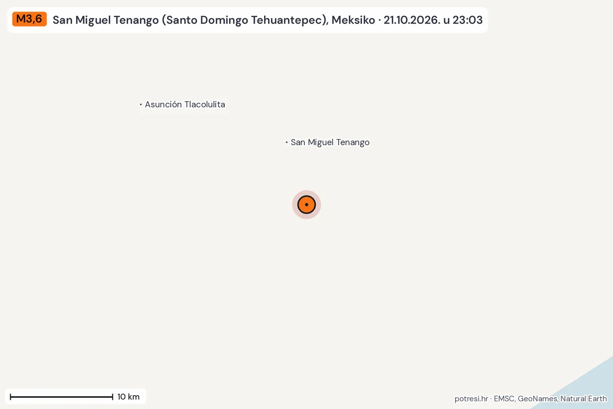 Karta: okolica epicentra, 60 km, potres M3,6, San Miguel Tenango (Santo Domingo Tehuantepec), Meksiko, 21.10.2026.
