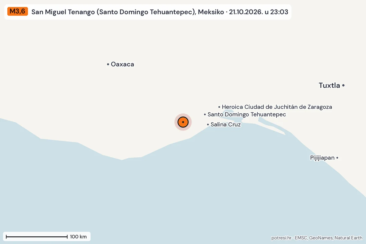 Karta: šire područje, 600 km, potres M3,6, San Miguel Tenango (Santo Domingo Tehuantepec), Meksiko, 21.10.2026.