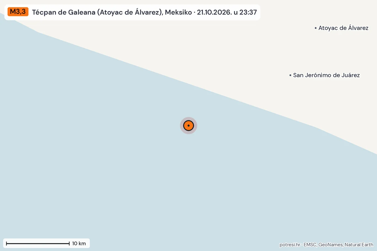 Karta: okolica epicentra, 60 km, potres M3,3, Técpan de Galeana (Atoyac de Álvarez), Meksiko, 21.10.2026.