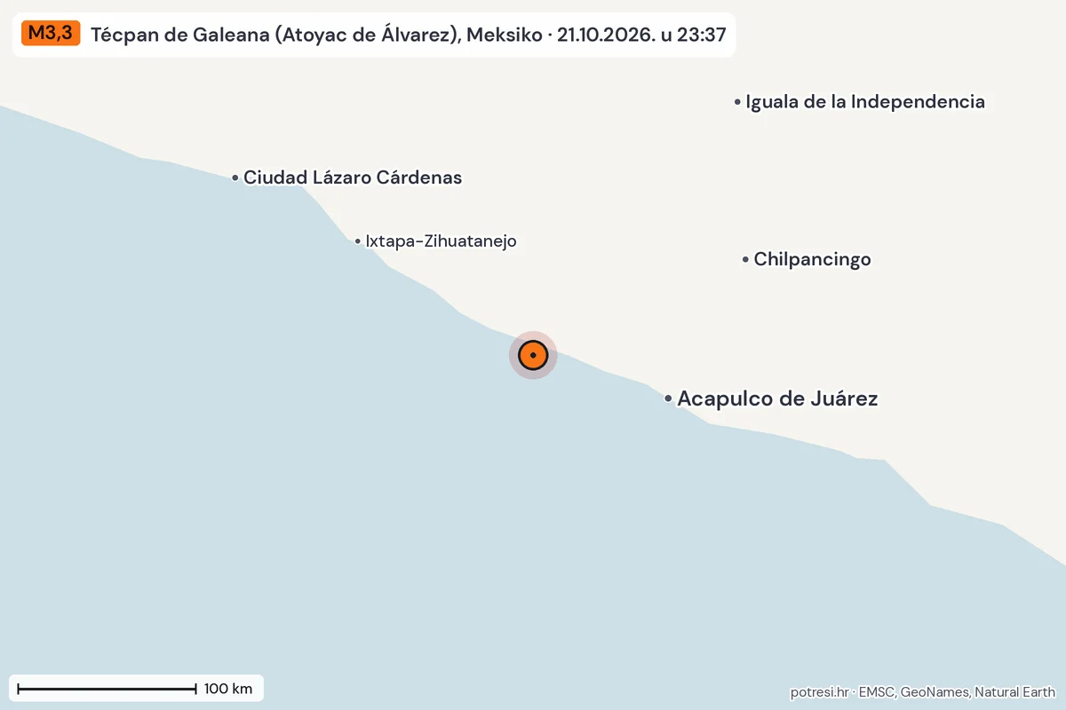 Karta: šire područje, 600 km, potres M3,3, Técpan de Galeana (Atoyac de Álvarez), Meksiko, 21.10.2026.