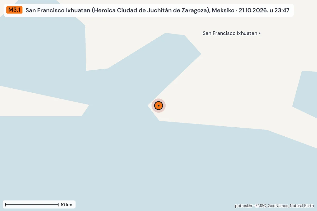 Karta: okolica epicentra, 60 km, potres M3,1, San Francisco Ixhuatan (Heroica Ciudad de Juchitán de Zaragoza), Meksiko, 21.10.2026.
