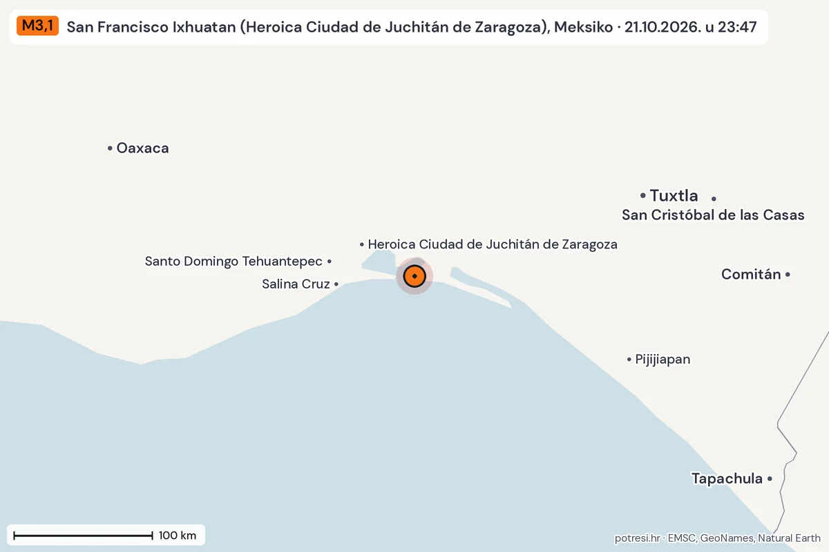Karta: šire područje, 600 km, potres M3,1, San Francisco Ixhuatan (Heroica Ciudad de Juchitán de Zaragoza), Meksiko, 21.10.2026.