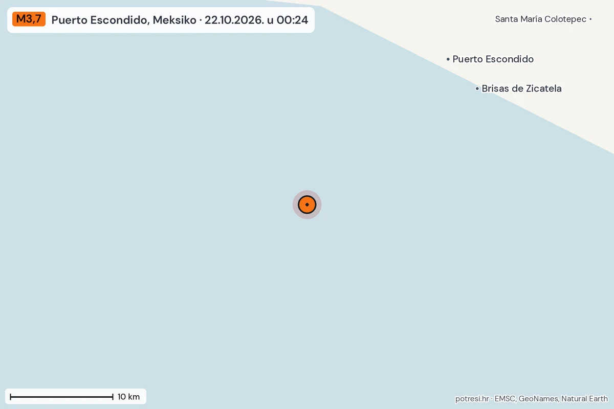 Karta: okolica epicentra, 60 km, potres M3,7, Puerto Escondido, Meksiko, 22.10.2026.