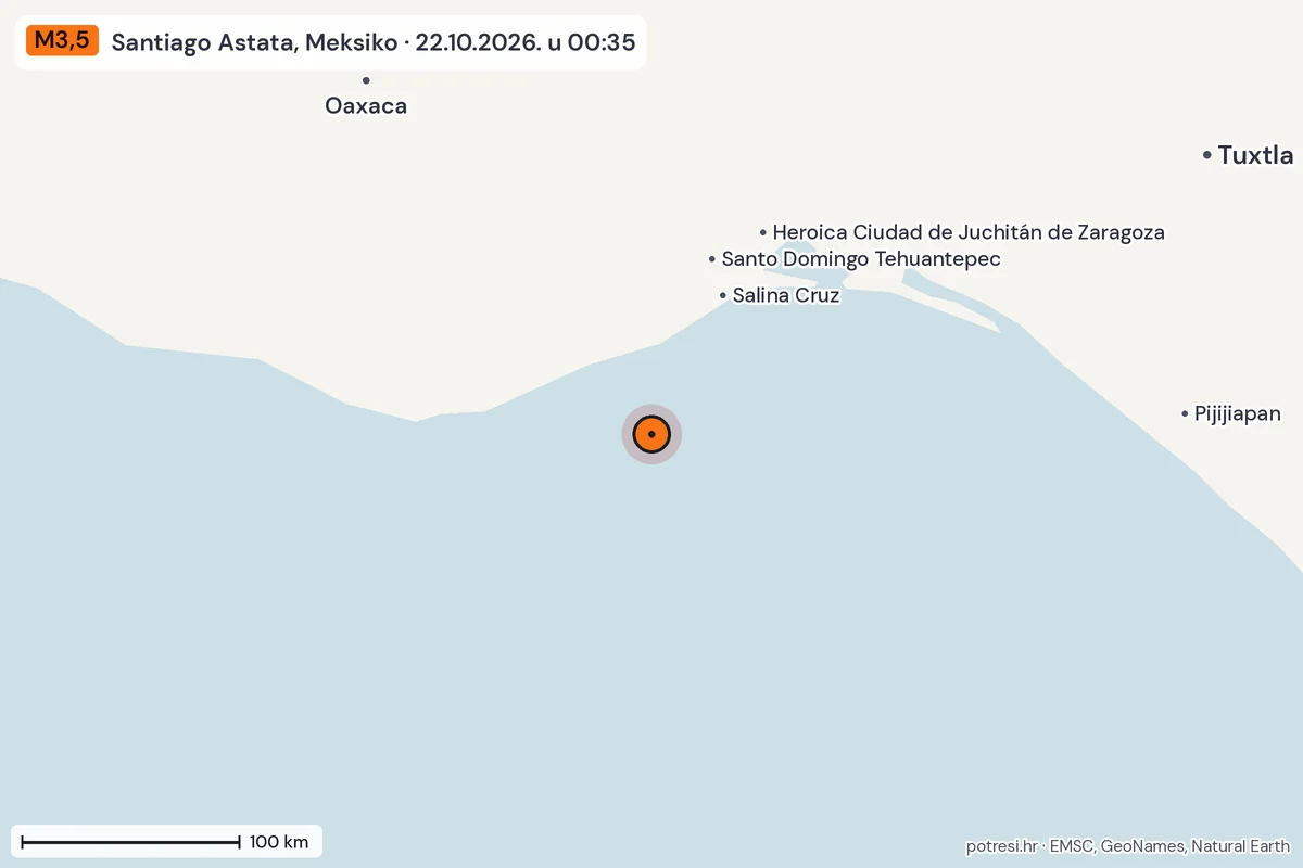 Karta: šire područje, 600 km, potres M3,5, Santiago Astata, Meksiko, 22.10.2026.