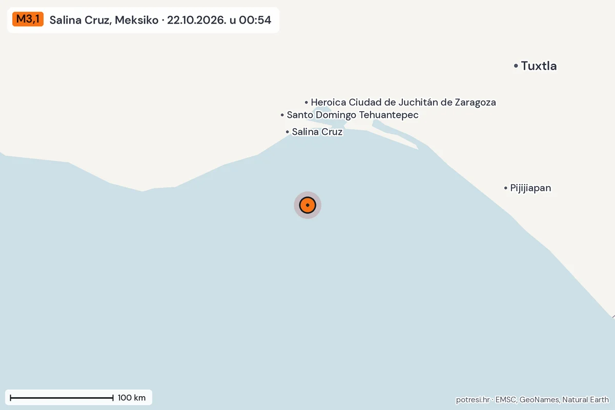 Karta: šire područje, 600 km, potres M3,1, Salina Cruz, Meksiko, 22.10.2026.