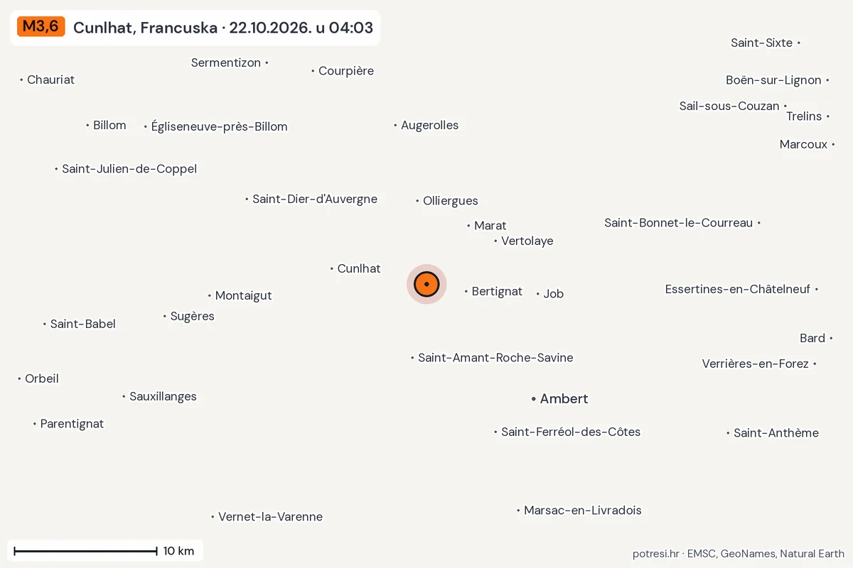 Karta: okolica epicentra, 60 km, potres M3,6, Cunlhat, Francuska, 22.10.2026.