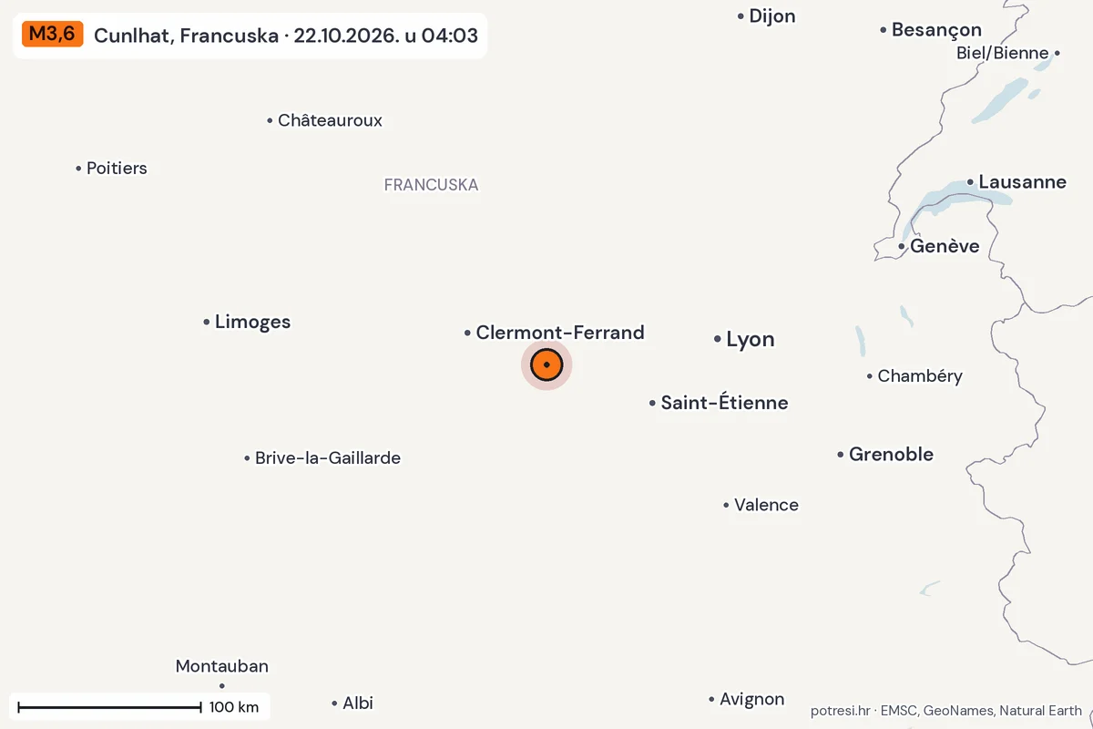 Karta: šire područje, 600 km, potres M3,6, Cunlhat, Francuska, 22.10.2026.