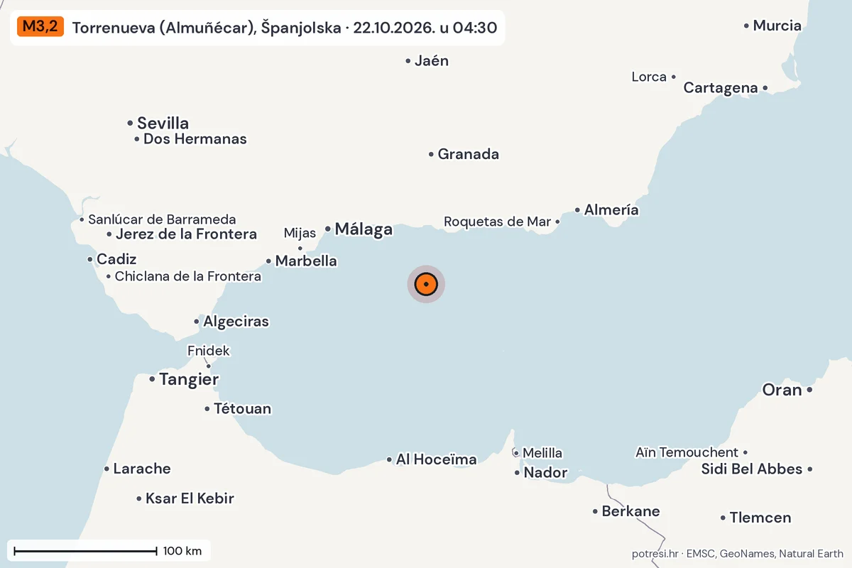 Karta: šire područje, 600 km, potres M3,2, Torrenueva (Almuñécar), Španjolska, 22.10.2026.
