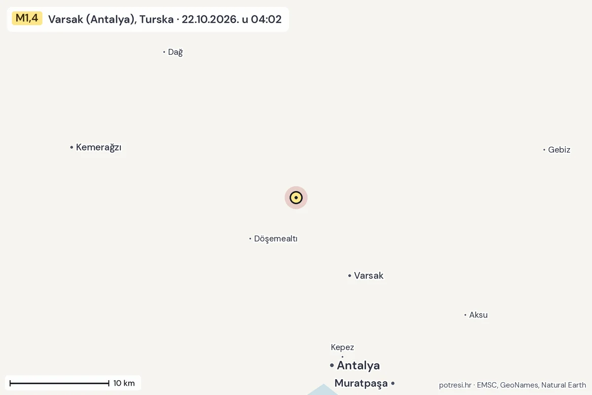 Karta: okolica epicentra, 60 km, potres M1,4, Varsak (Antalya), Turska, 22.10.2026.