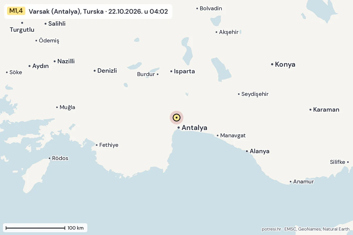 Karta: šire područje, 600 km, potres M1,4, Varsak (Antalya), Turska, 22.10.2026.