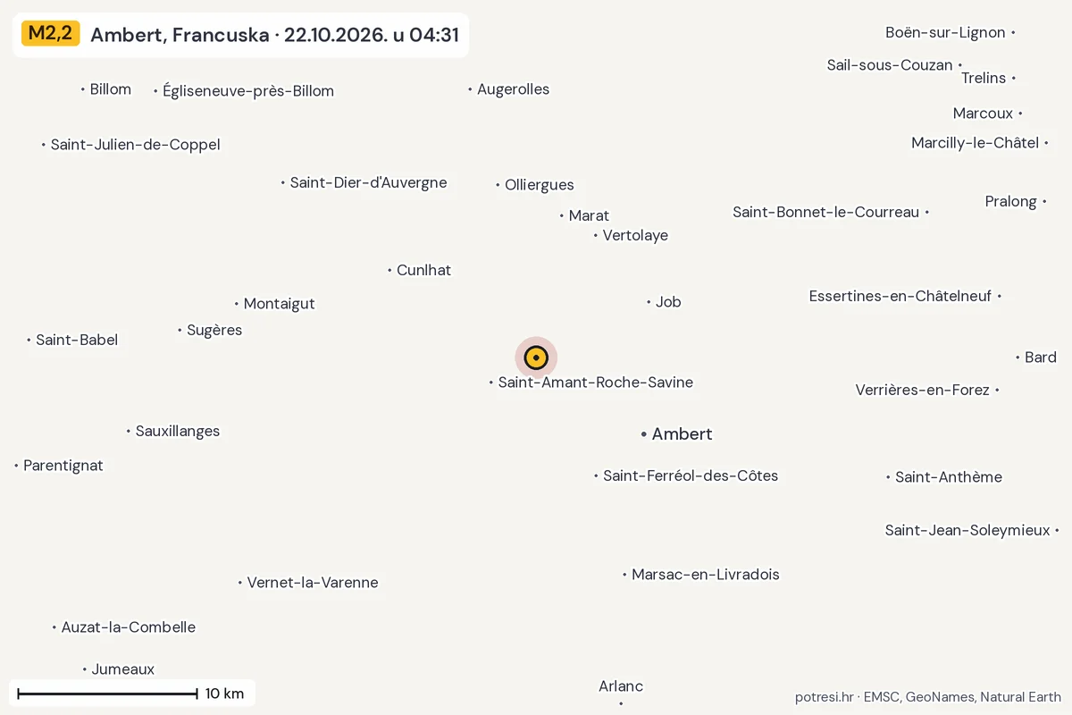Karta: okolica epicentra, 60 km, potres M2,2, Ambert, Francuska, 22.10.2026.