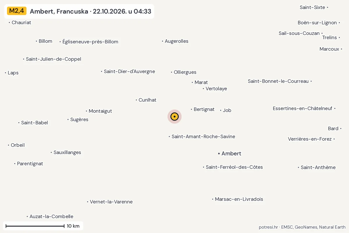 Karta: okolica epicentra, 60 km, potres M2,4, Ambert, Francuska, 22.10.2026.