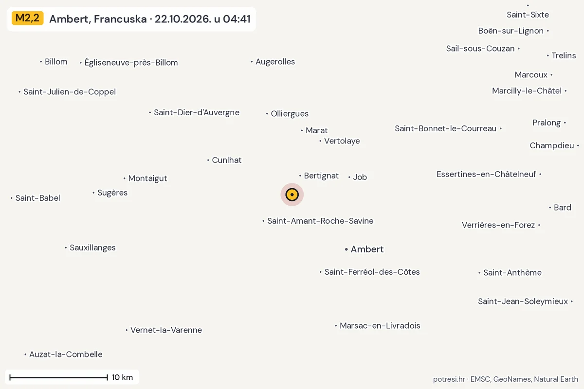 Karta: okolica epicentra, 60 km, potres M2,2, Ambert, Francuska, 22.10.2026.