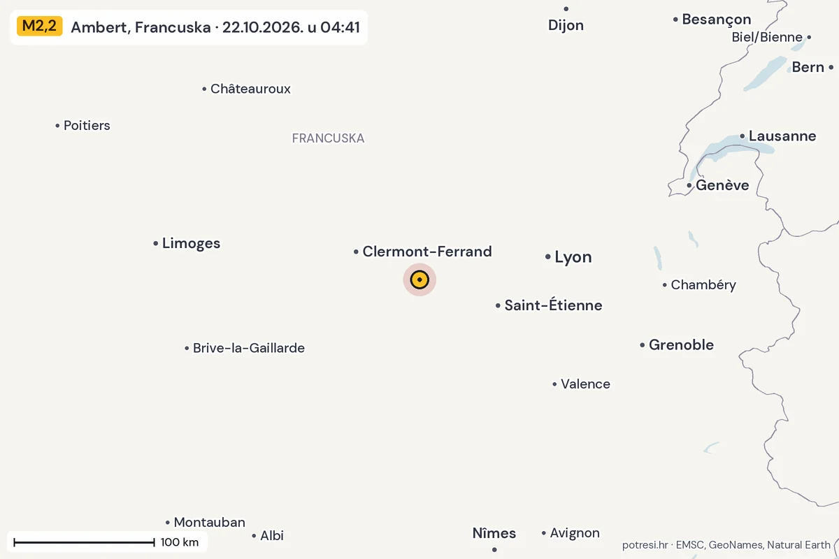 Karta: šire područje, 600 km, potres M2,2, Ambert, Francuska, 22.10.2026.