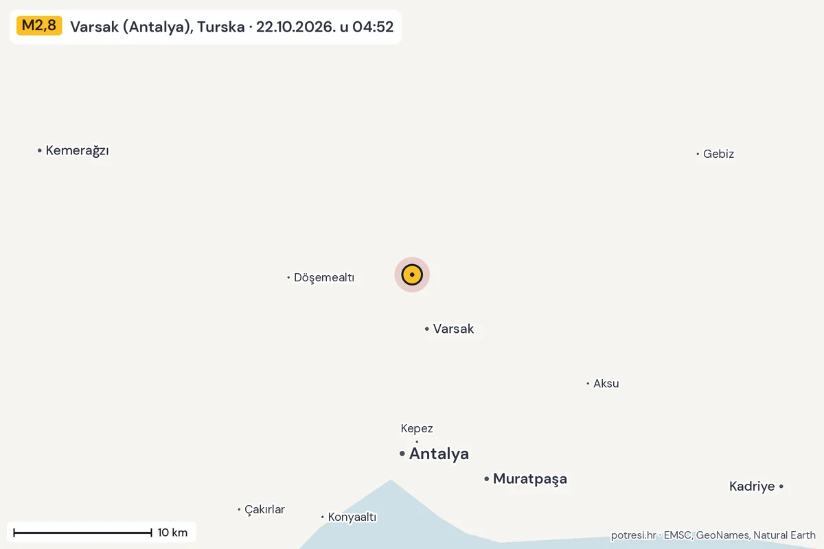Karta: okolica epicentra, 60 km, potres M2,8, Varsak (Antalya), Turska, 22.10.2026.