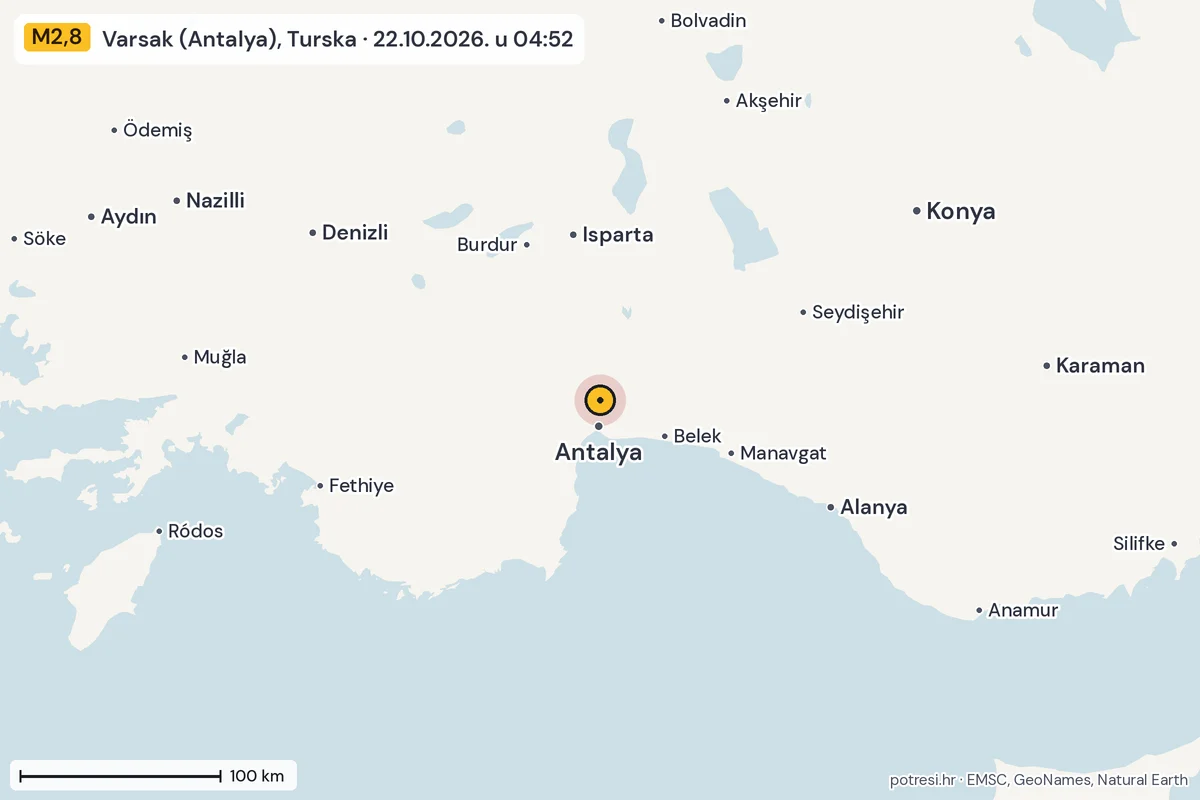 Karta: šire područje, 600 km, potres M2,8, Varsak (Antalya), Turska, 22.10.2026.