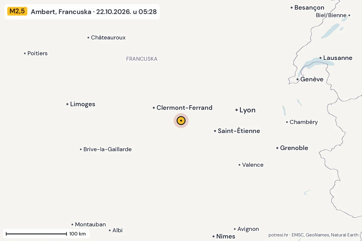 Karta: šire područje, 600 km, potres M2,5, Ambert, Francuska, 22.10.2026.