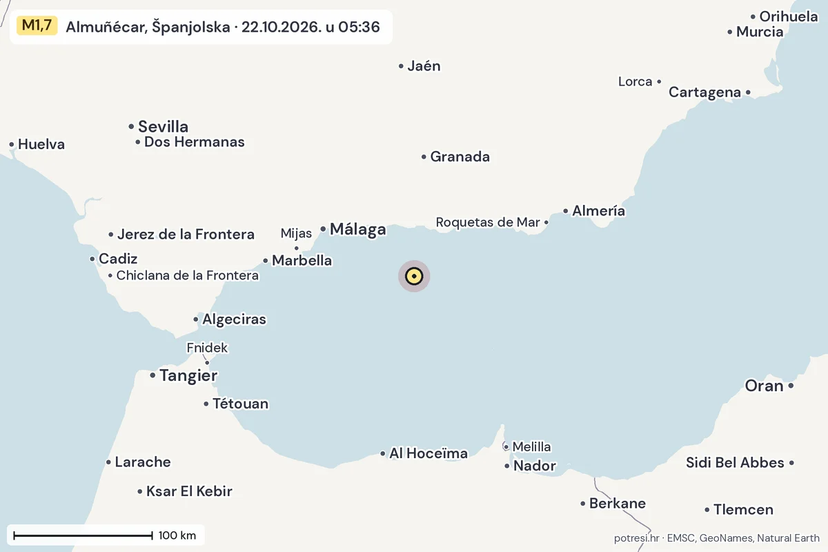 Karta: šire područje, 600 km, potres M1,7, Almuñécar, Španjolska, 22.10.2026.