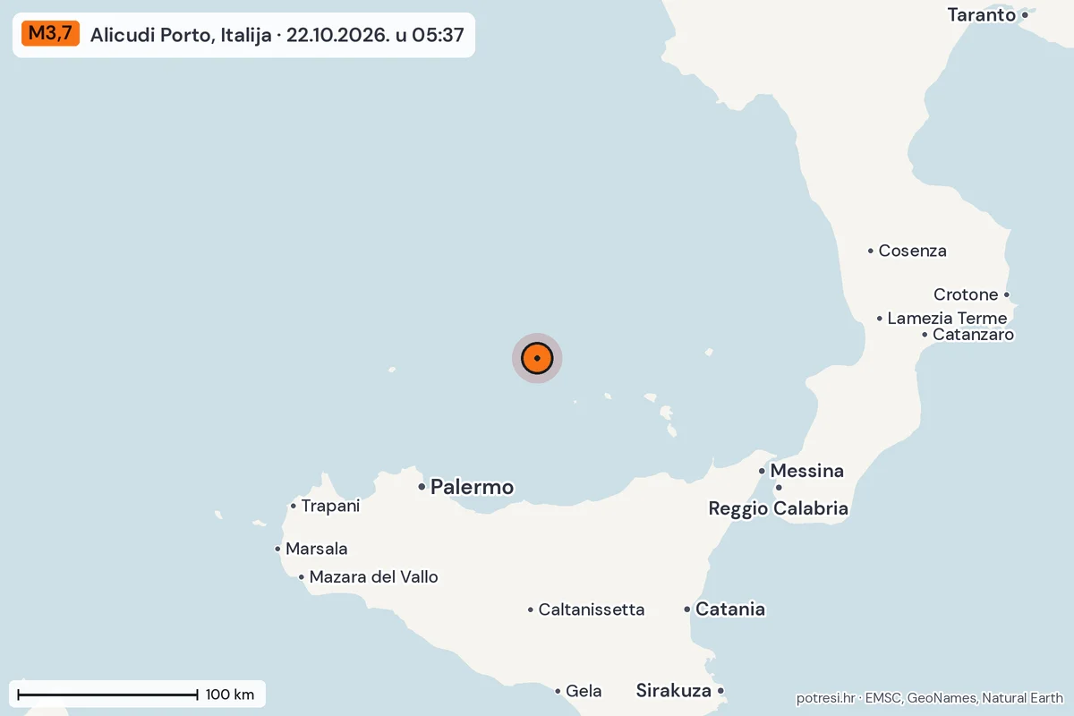Karta: šire područje, 600 km, potres M3,7, Alicudi Porto, Italija, 22.10.2026.