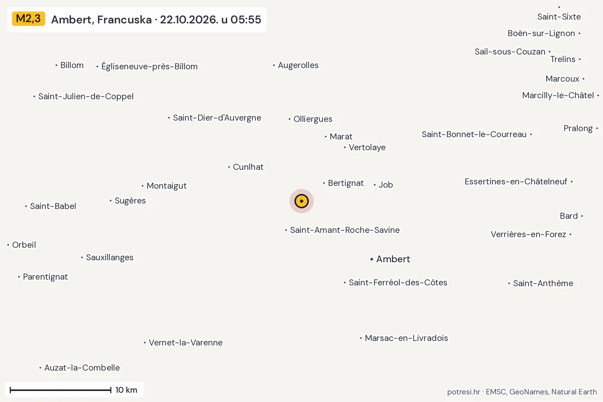 Karta: okolica epicentra, 60 km, potres M2,3, Ambert, Francuska, 22.10.2026.