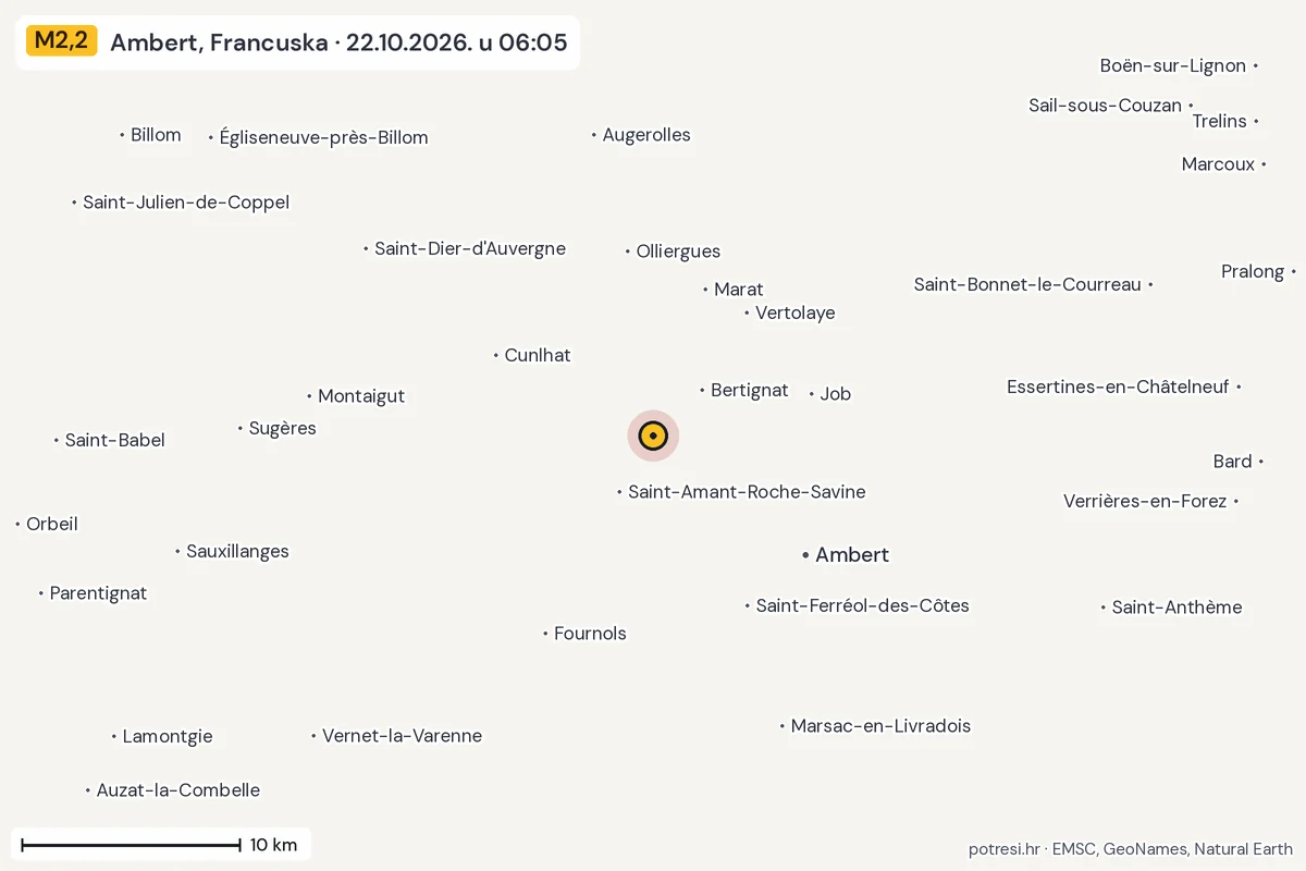 Karta: okolica epicentra, 60 km, potres M2,2, Ambert, Francuska, 22.10.2026.