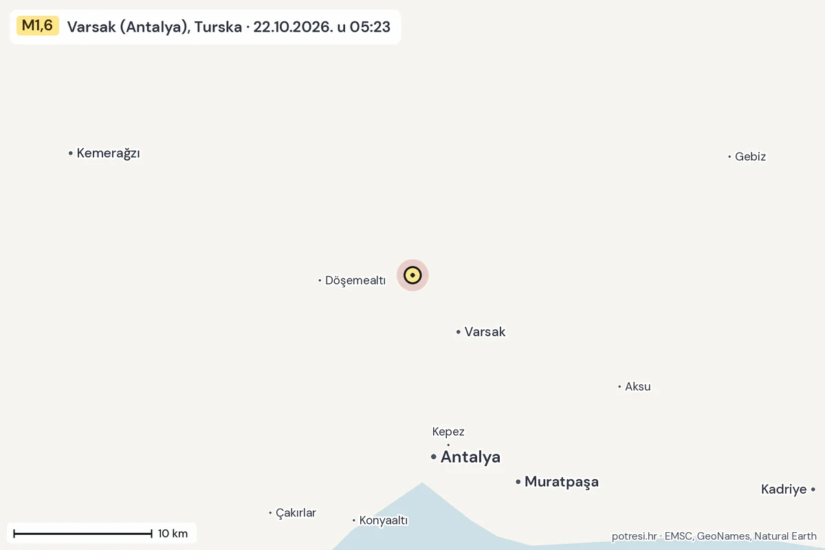 Karta: okolica epicentra, 60 km, potres M1,6, Varsak (Antalya), Turska, 22.10.2026.