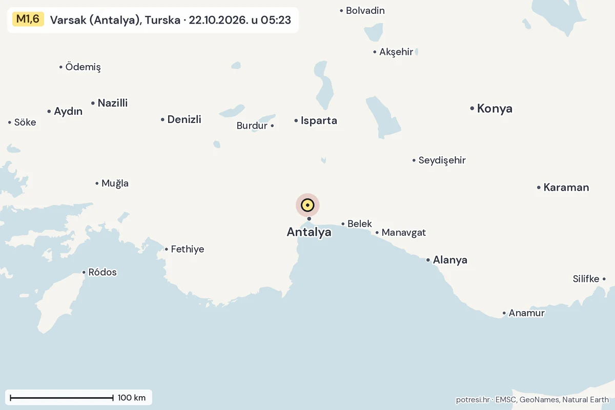 Karta: šire područje, 600 km, potres M1,6, Varsak (Antalya), Turska, 22.10.2026.