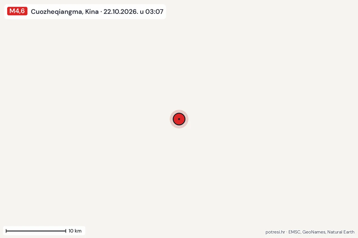 Karta: okolica epicentra, 60 km, potres M4,6, Cuozheqiangma, Kina, 22.10.2026.