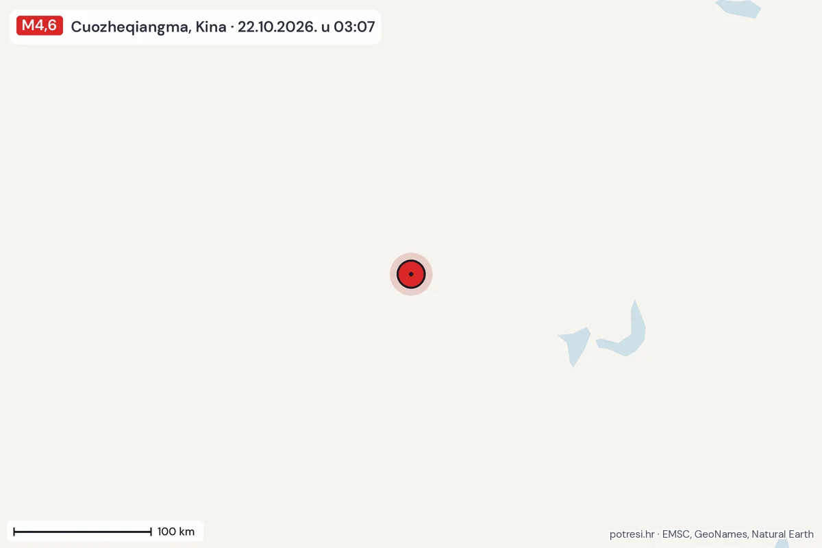 Karta: šire područje, 600 km, potres M4,6, Cuozheqiangma, Kina, 22.10.2026.