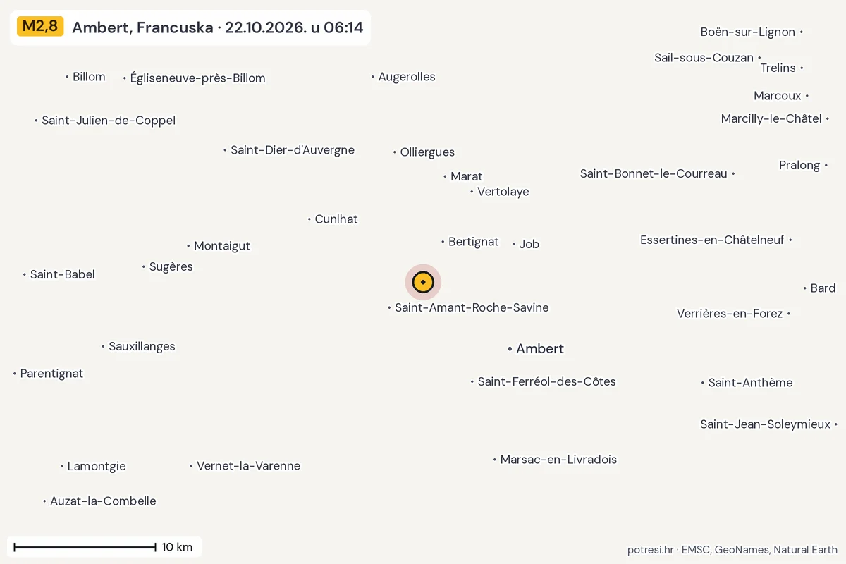 Karta: okolica epicentra, 60 km, potres M2,8, Ambert, Francuska, 22.10.2026.