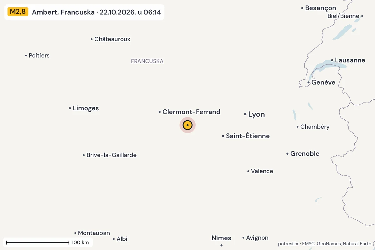 Karta: šire područje, 600 km, potres M2,8, Ambert, Francuska, 22.10.2026.