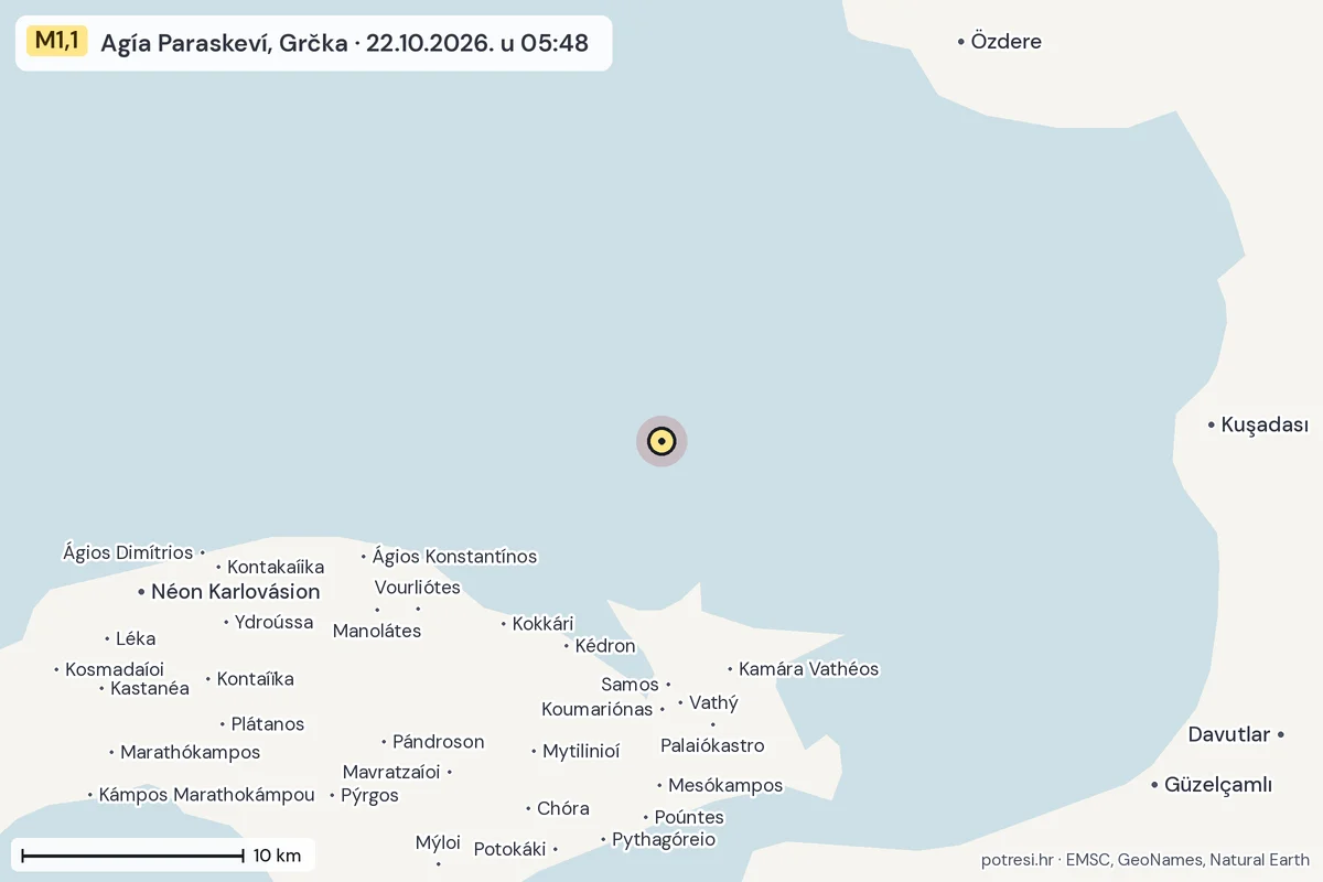 Karta: okolica epicentra, 60 km, potres M1,1, Agía Paraskeví, Grčka, 22.10.2026.