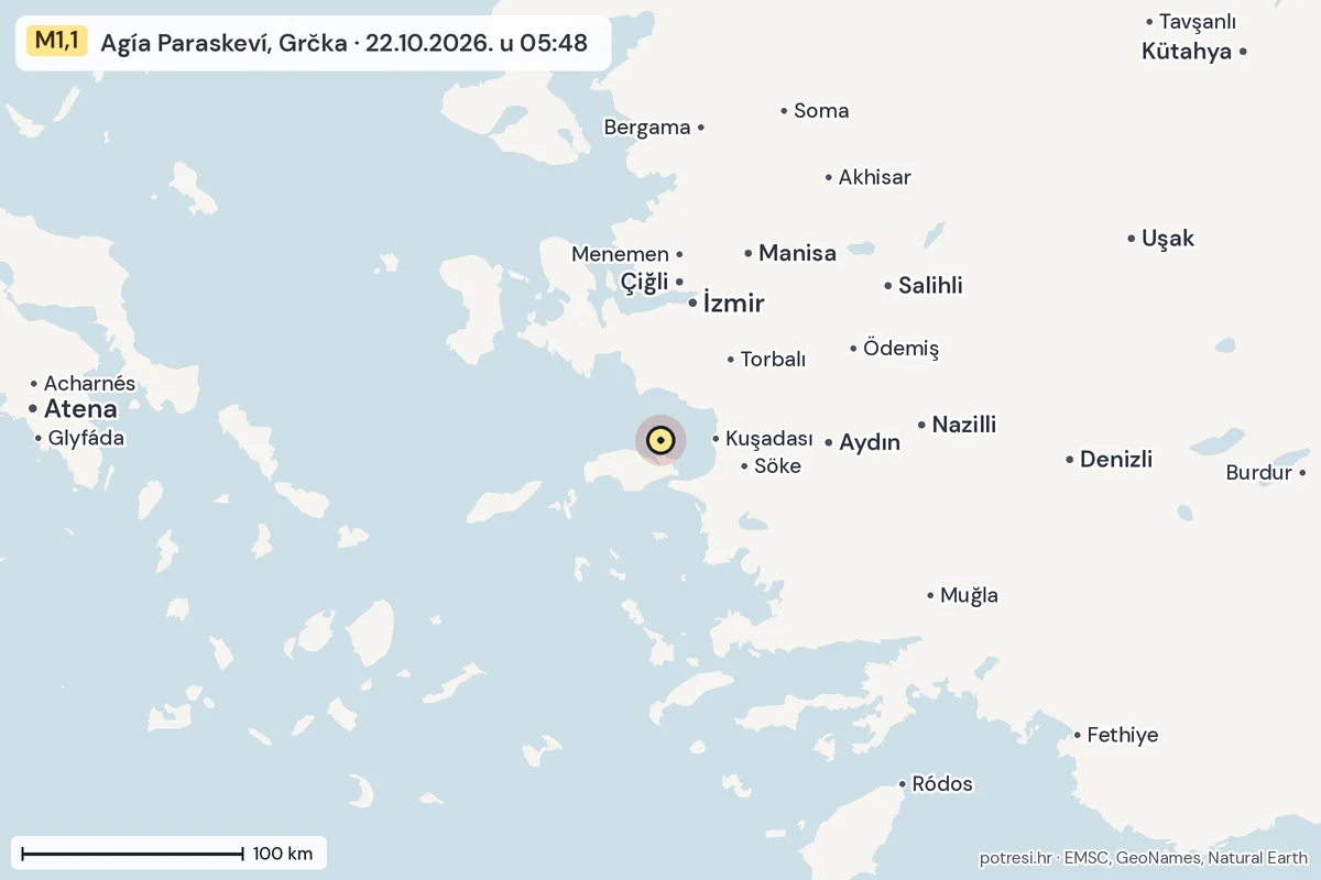 Karta: šire područje, 600 km, potres M1,1, Agía Paraskeví, Grčka, 22.10.2026.
