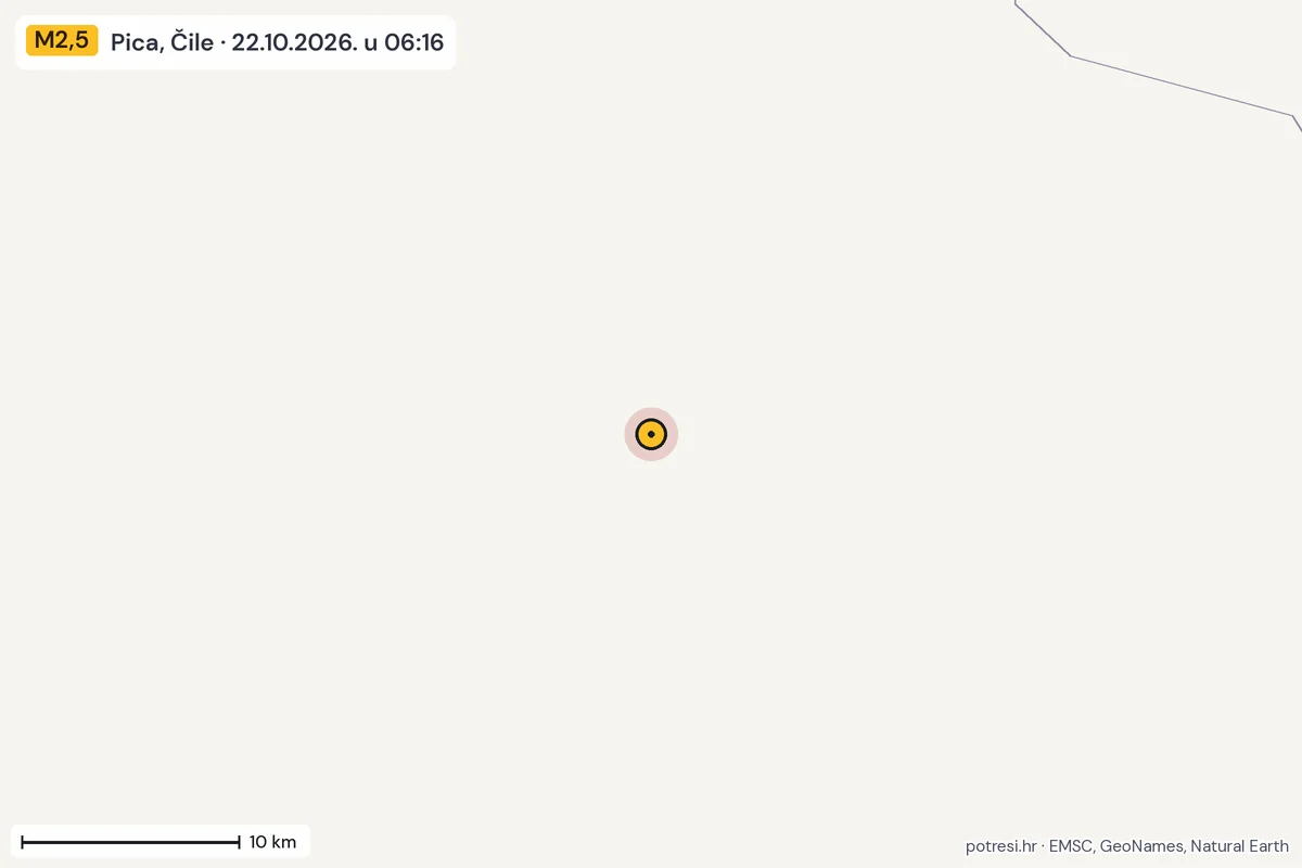 Karta: okolica epicentra, 60 km, potres M2,5, Pica, Čile, 22.10.2026.