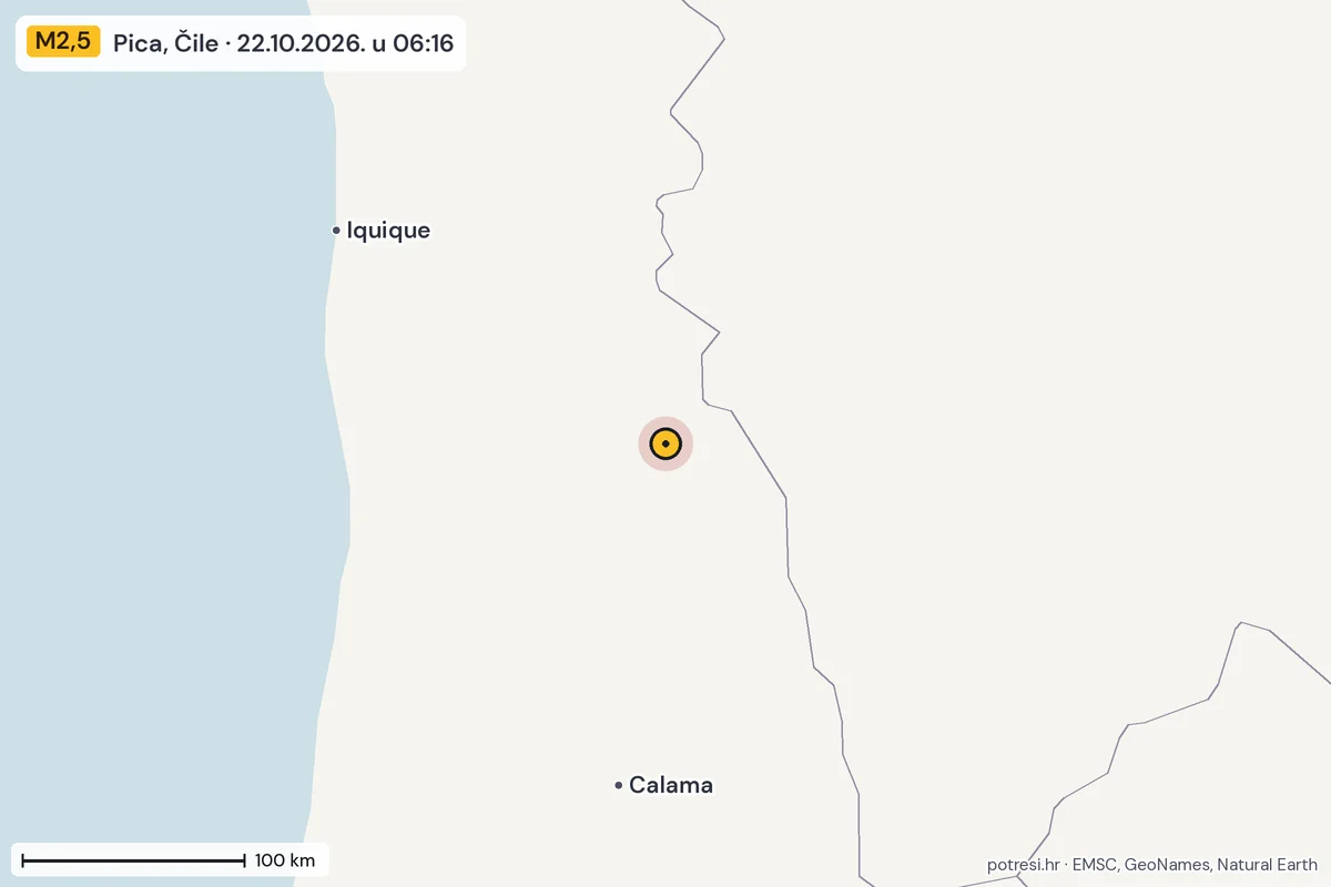 Karta: šire područje, 600 km, potres M2,5, Pica, Čile, 22.10.2026.