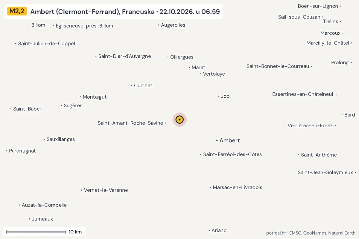 Karta: okolica epicentra, 60 km, potres M2,2, Ambert (Clermont-Ferrand), Francuska, 22.10.2026.