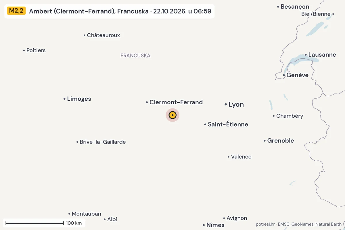 Karta: šire područje, 600 km, potres M2,2, Ambert (Clermont-Ferrand), Francuska, 22.10.2026.