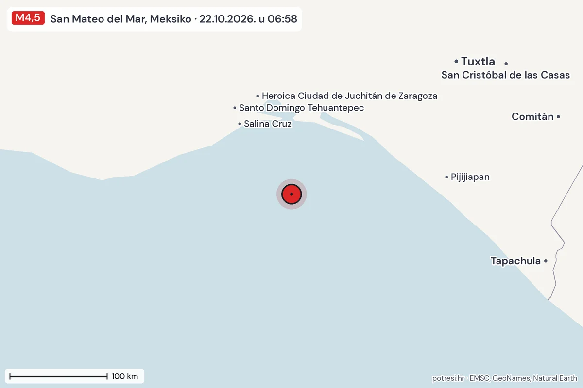 Karta: šire područje, 600 km, potres M4,5, San Mateo del Mar, Meksiko, 22.10.2026.