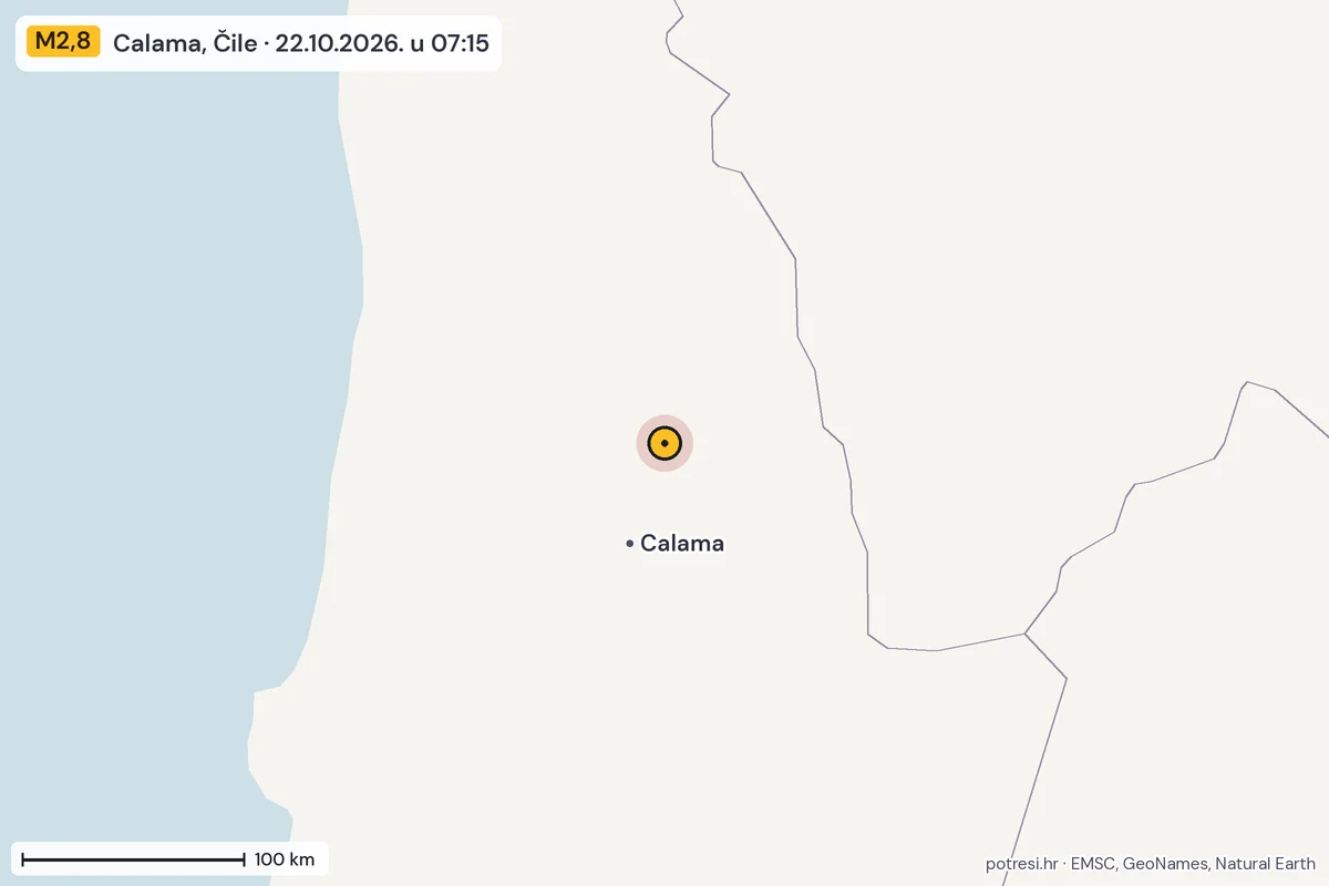 Karta: šire područje, 600 km, potres M2,8, Calama, Čile, 22.10.2026.