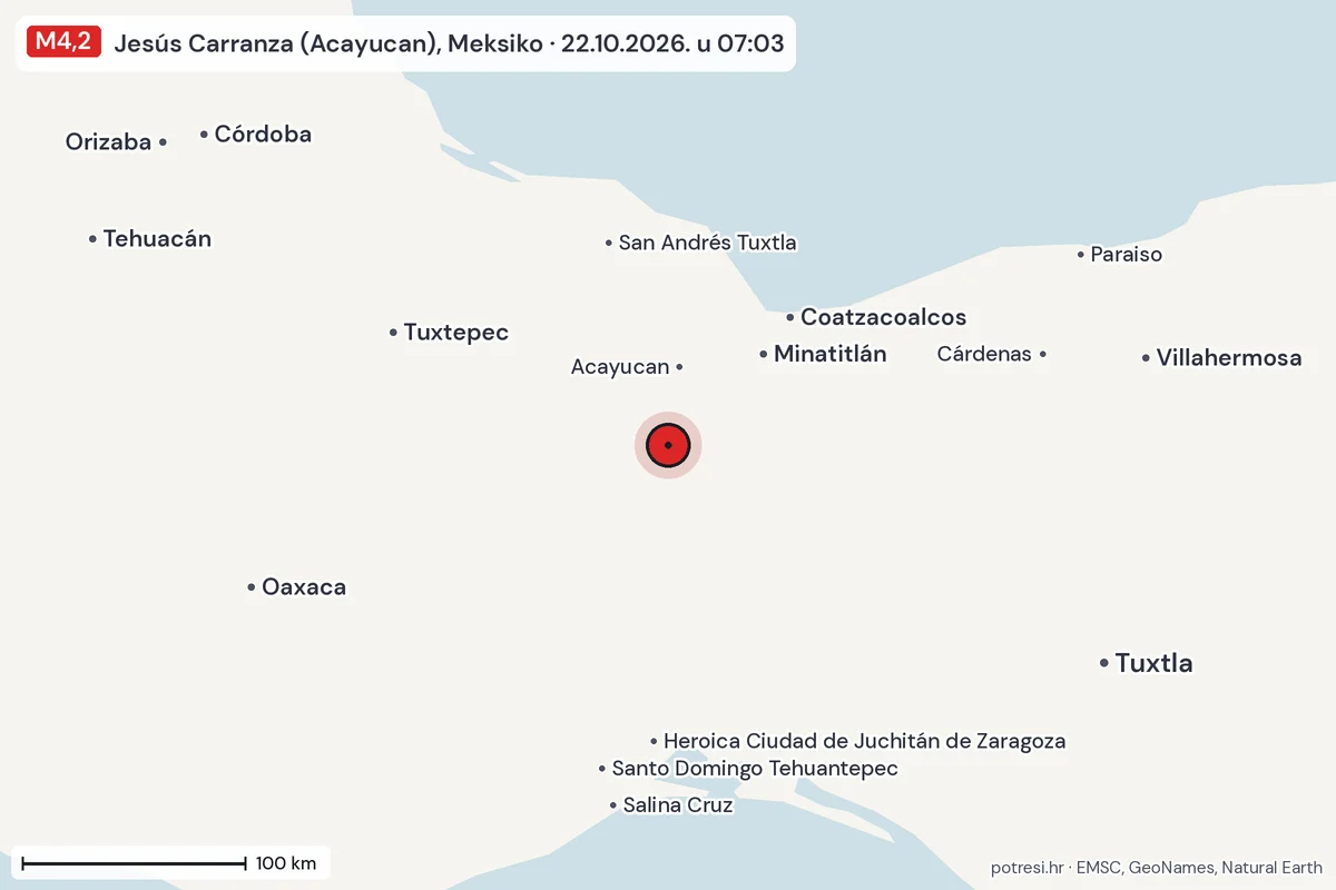 Karta: šire područje, 600 km, potres M4,2, Jesús Carranza (Acayucan), Meksiko, 22.10.2026.