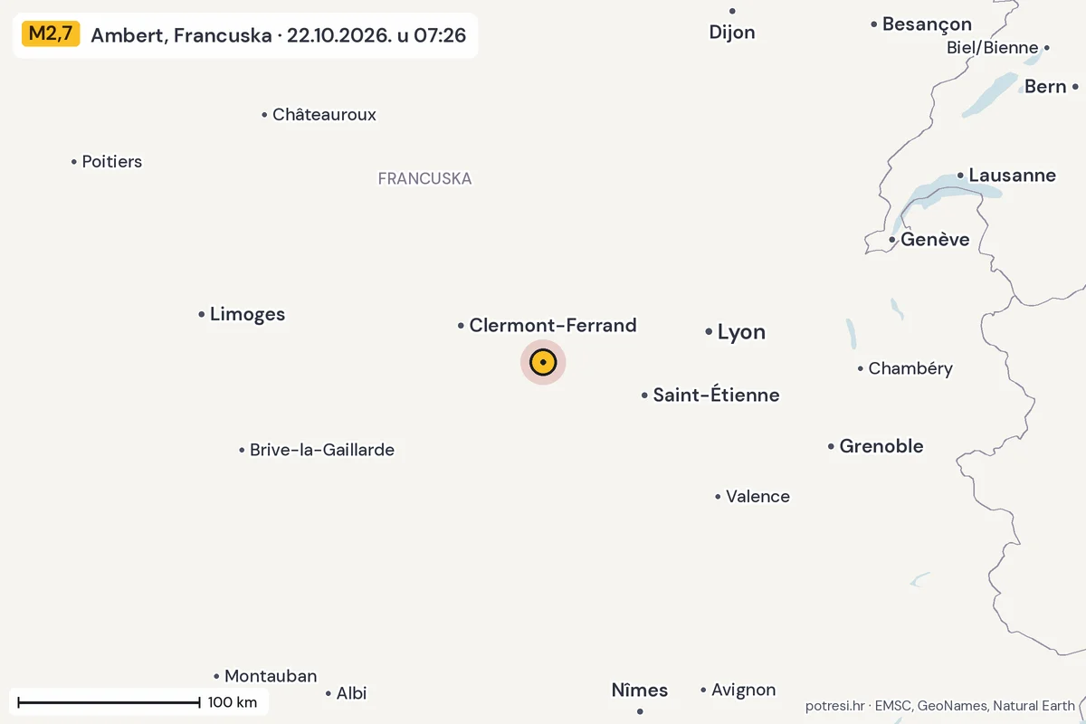 Karta: šire područje, 600 km, potres M2,7, Ambert, Francuska, 22.10.2026.