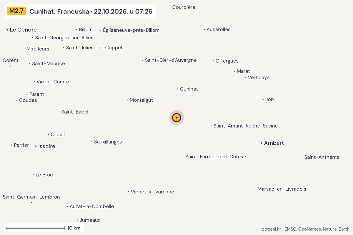 Karta: okolica epicentra, 60 km, potres M2,7, Cunlhat, Francuska, 22.10.2026.