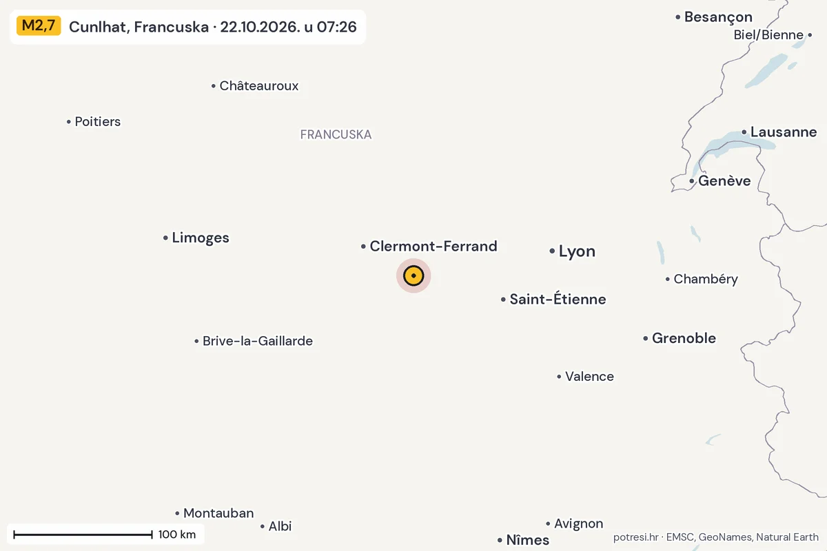 Karta: šire područje, 600 km, potres M2,7, Cunlhat, Francuska, 22.10.2026.