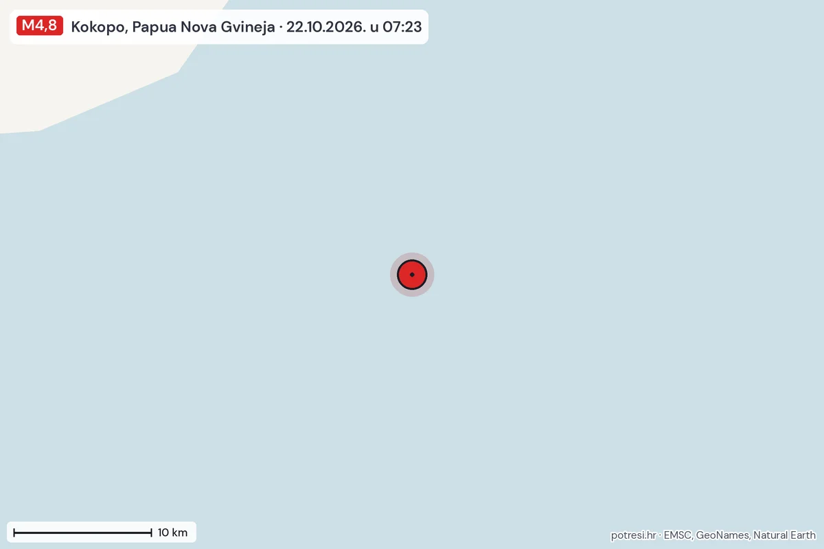 Karta: okolica epicentra, 60 km, potres M4,8, Kokopo, Papua Nova Gvineja, 22.10.2026.