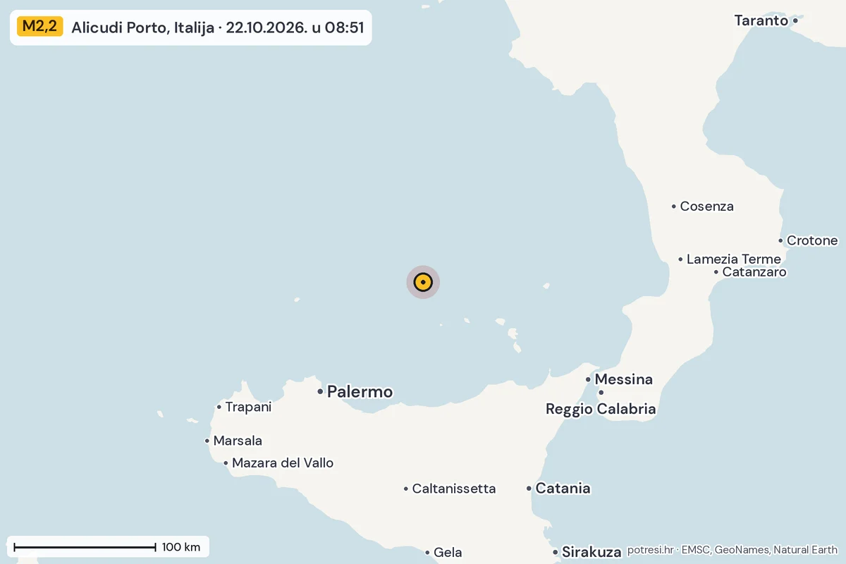 Karta: šire područje, 600 km, potres M2,2, Alicudi Porto, Italija, 22.10.2026.