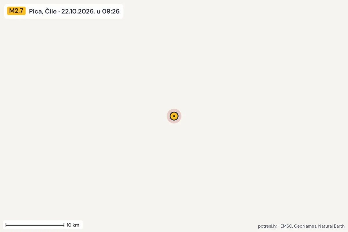 Karta: okolica epicentra, 60 km, potres M2,7, Pica, Čile, 22.10.2026.