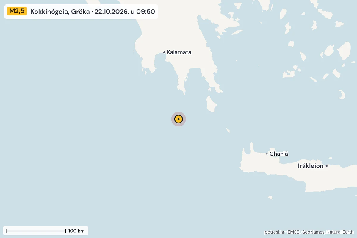 Karta: šire područje, 600 km, potres M2,5, Kokkinógeia, Grčka, 22.10.2026.