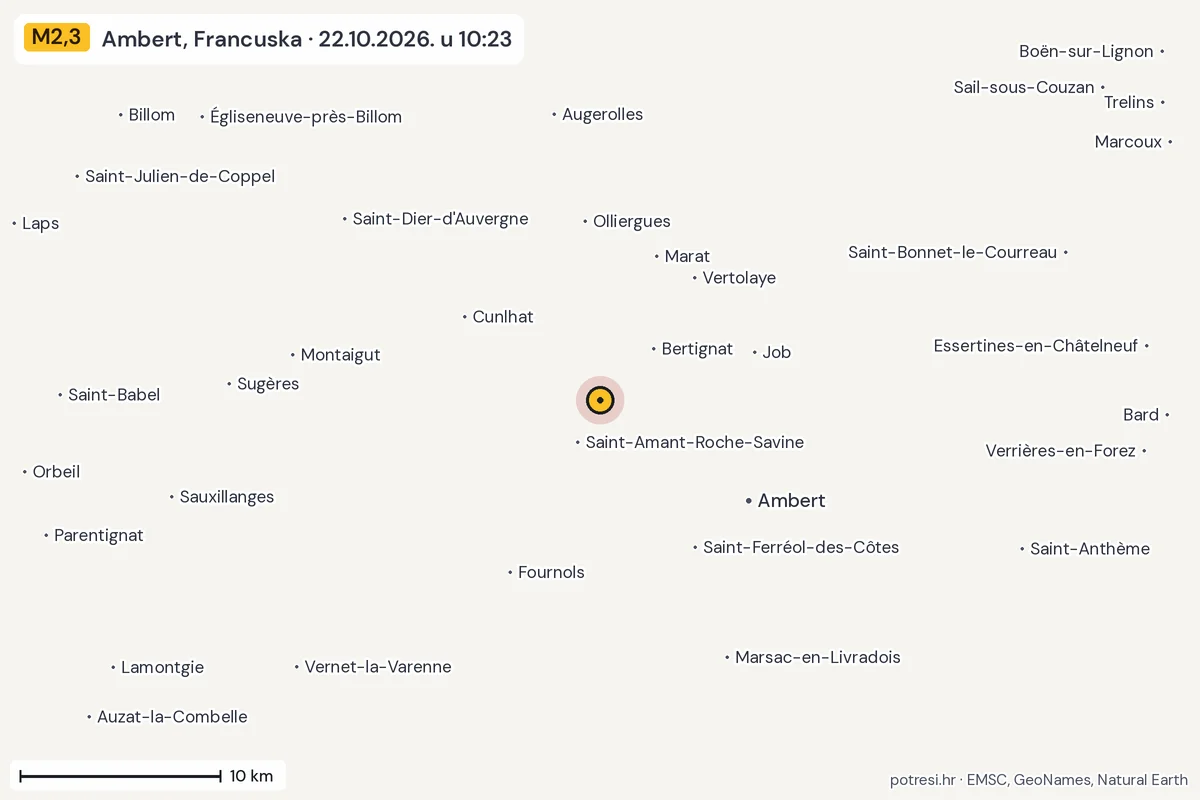 Karta: okolica epicentra, 60 km, potres M2,3, Ambert, Francuska, 22.10.2026.