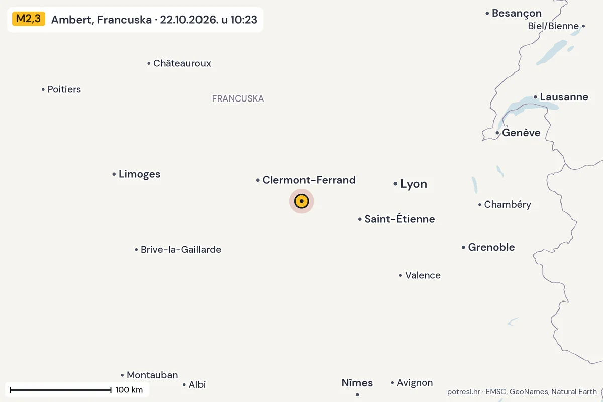 Karta: šire područje, 600 km, potres M2,3, Ambert, Francuska, 22.10.2026.