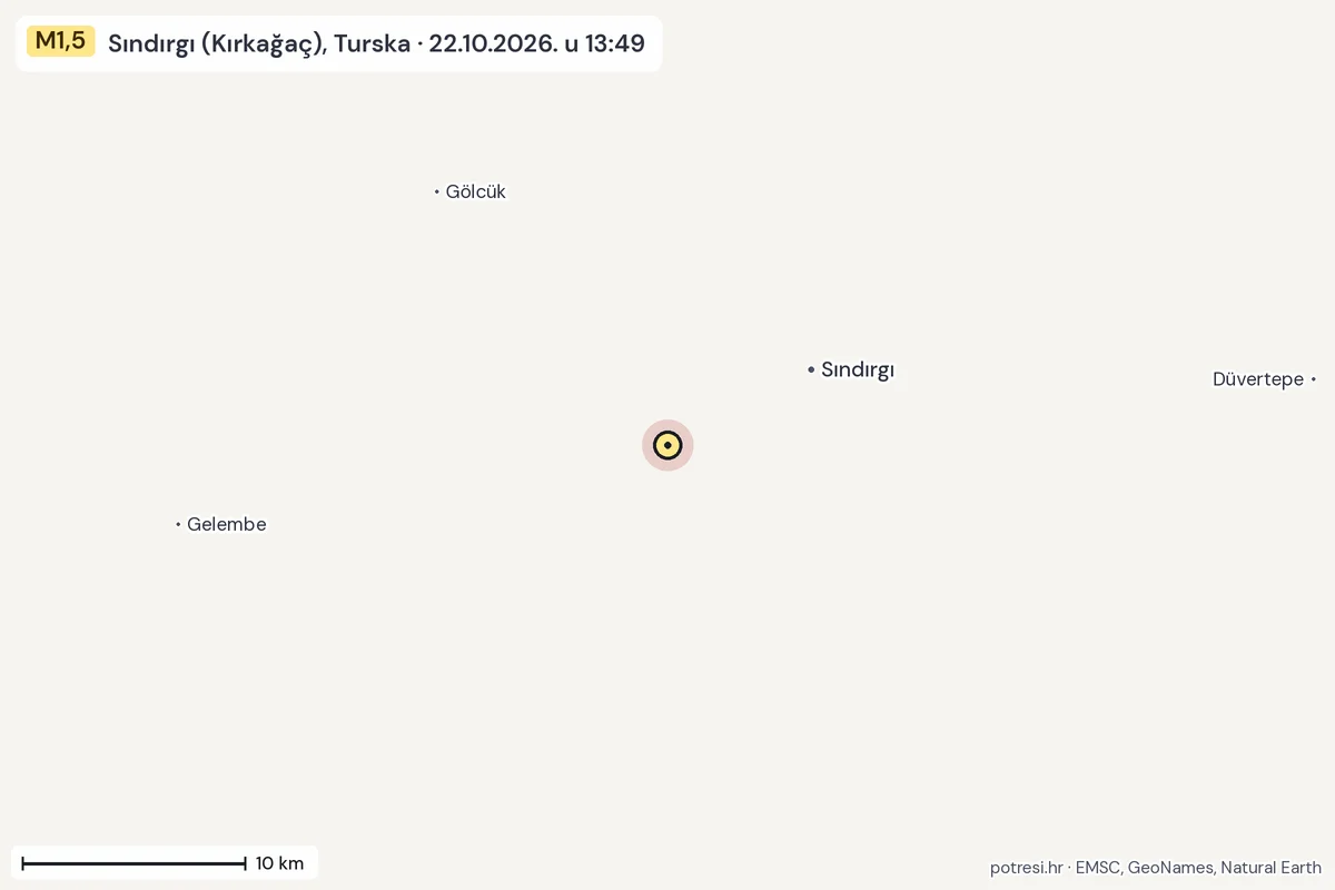 Karta: okolica epicentra, 60 km, potres M1,5, Sındırgı (Kırkağaç), Turska, 22.10.2026.